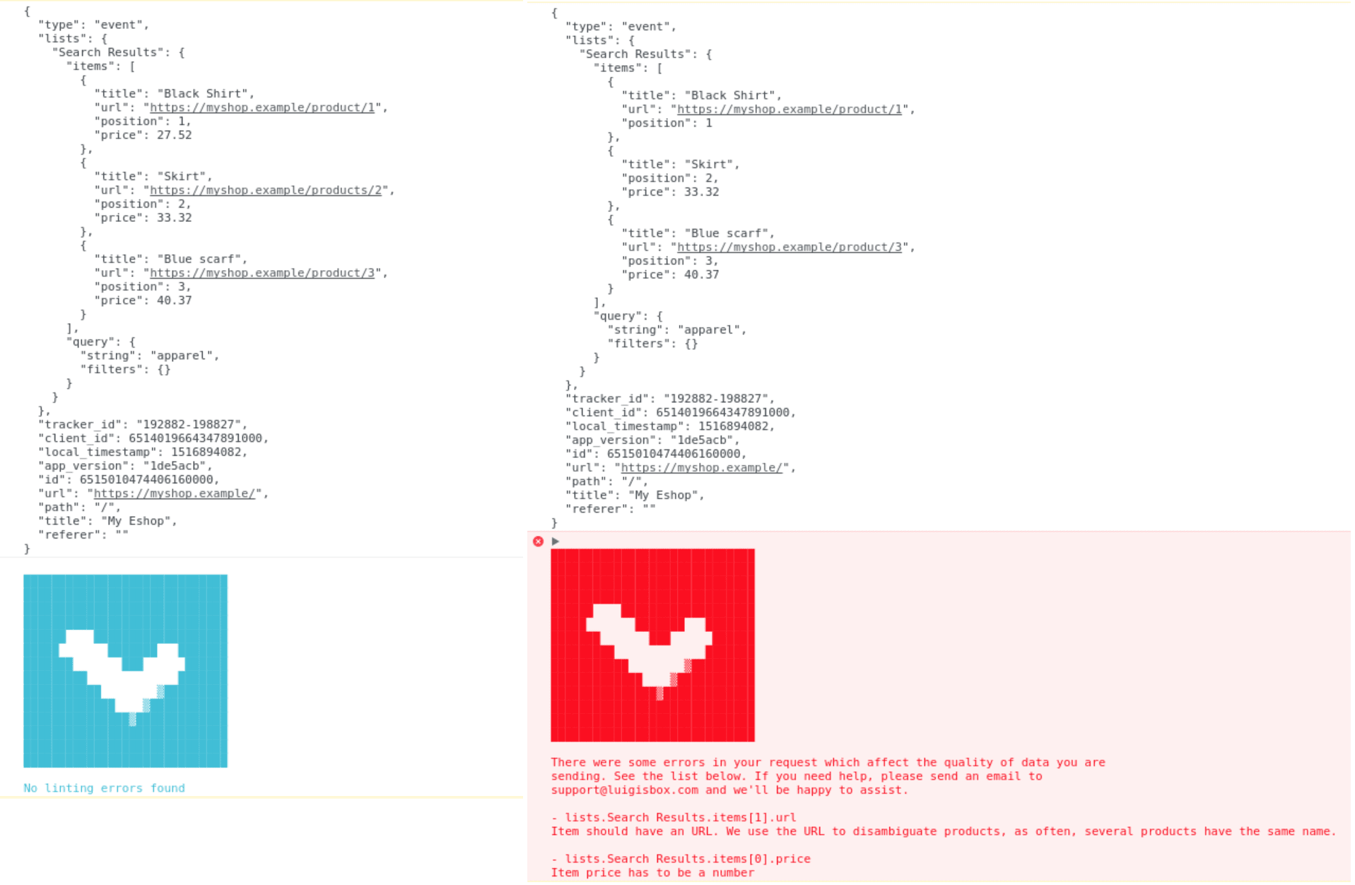Left side: no errors found.  Right side: linter found some errors.