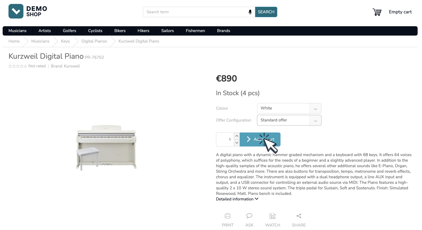 Product detail page cart